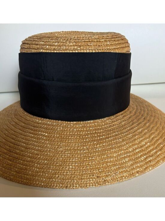 Vintage Giovannio Classic Straw Boater Hat ~ Dupioni Silk Ribbon Bow main image 9